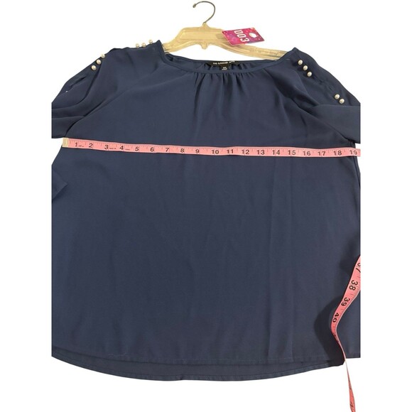Zac & Rachel Woman Petite Size PM Navy Blue Pearl Embellished Long Sleeve Blouse - Picture 4 of 9